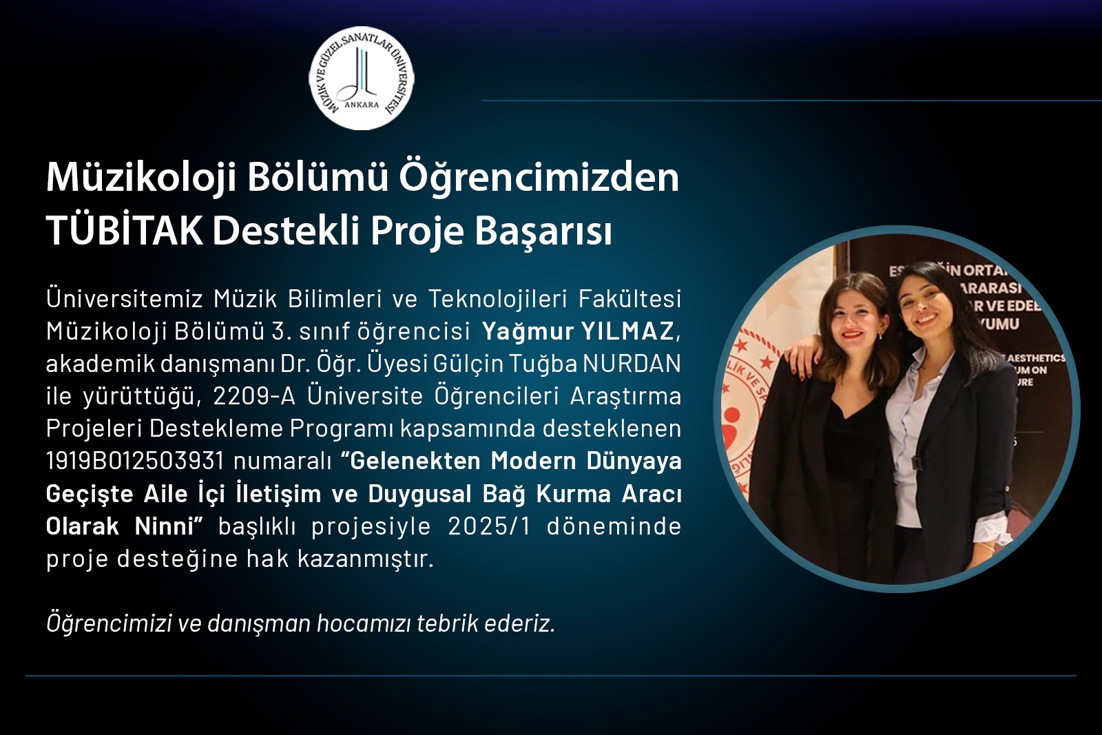 Müzikoloji Bölümü Öğrencimizden TÜBİTAK Destekli Proje Başarısı