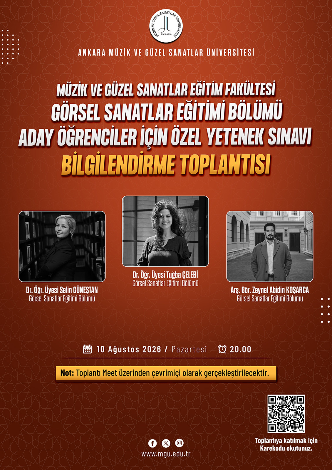 Müzik ve Güzel Sanatlar Eğitim Fakültesi Görsel Sanatlar Eğitimi Bölümü Aday Öğrenciler İçin Özel Yetenek Sınavı Bilgilendirme Toplantısı Afiş