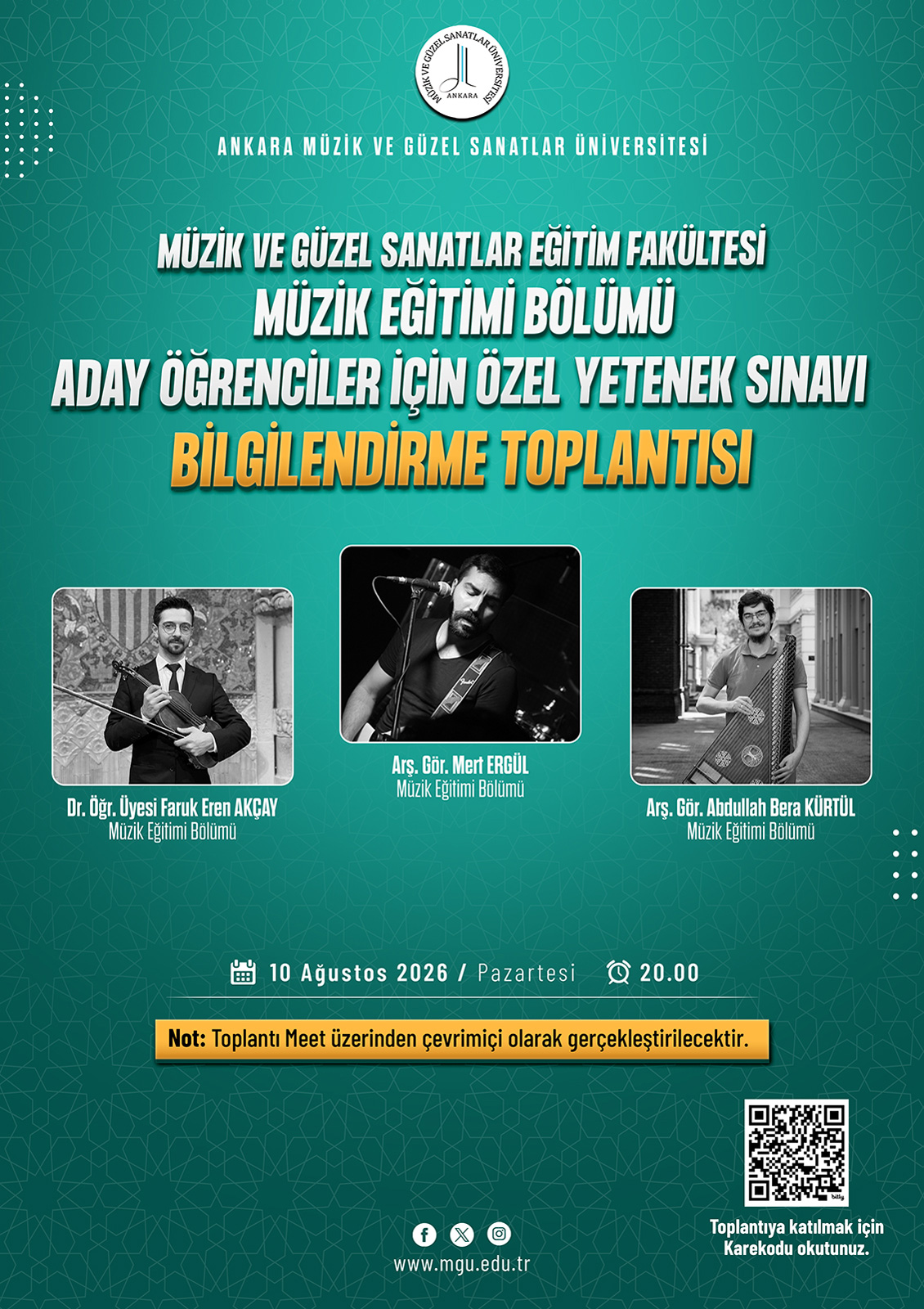 Müzik ve Güzel Sanatlar Eğitim Fakültesi Müzik Eğitimi Bölümü Aday Öğrenciler İçin Özel Yetenek Sınavı Bilgilendirme Toplantısı Afiş