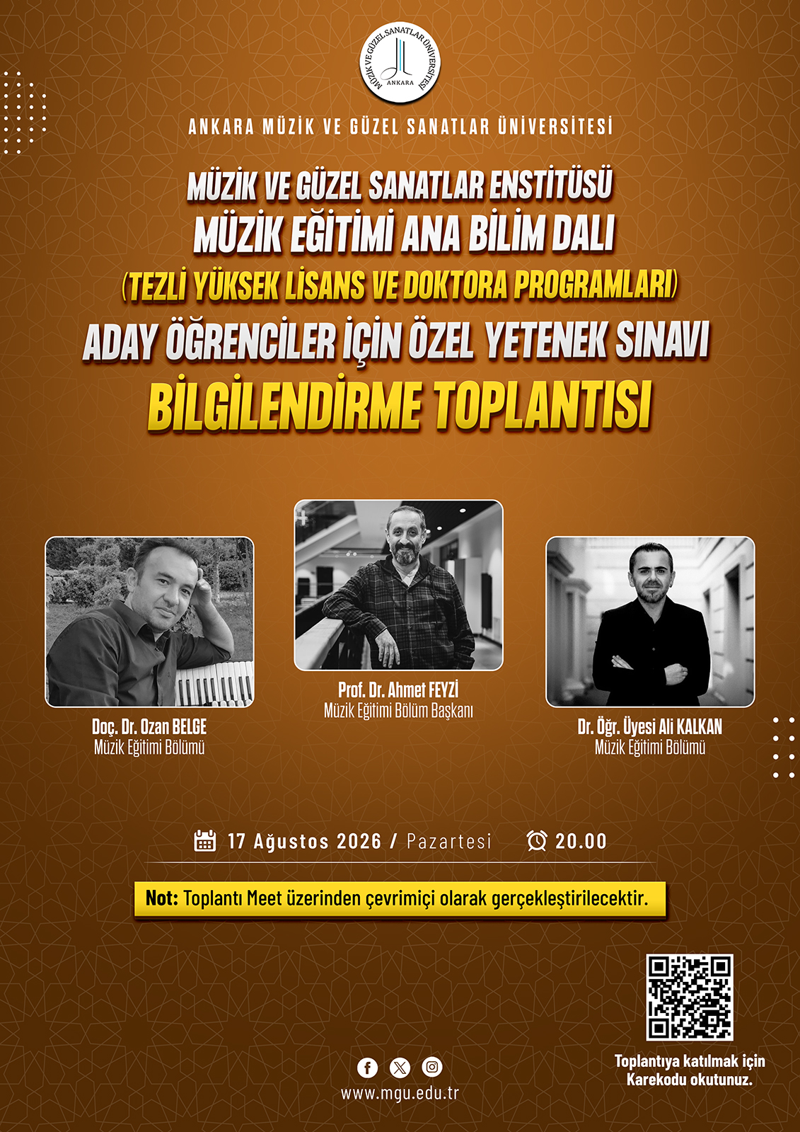 Müzik ve Güzel Sanatlar Enstitüsü Müzik Eğitimi Ana Bilim Dalı Aday Öğrenciler İçin Özel Yetenek Sınavı Bilgilendirme Toplantısı Afiş